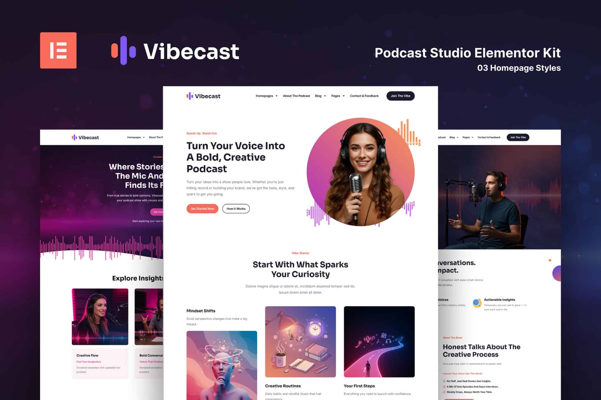 Vibecast – Podcast Studio Elementor Pro Template Kit